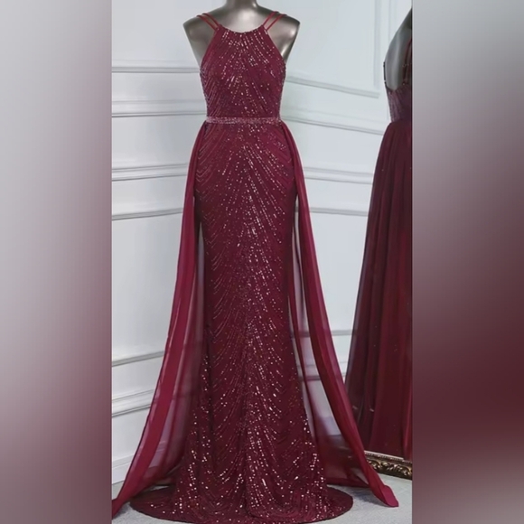 Burgundy,  O Neck, Sleeveless,  Detachable Skirt,  Sequined Mermaid Gown - Picture 14 of 16